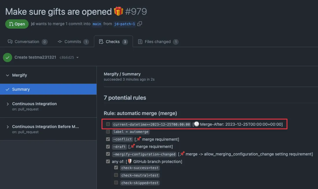 Seeing mergify's rules summary on GitHub, emphasizing on the condition saying won't merge until provided date